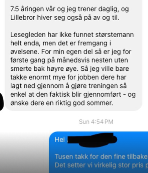 Skjermbilde av melding: «7,5-åringen vår og jeg trener daglig, og lillebror hiver seg på av og til. Lesegleden er ikke helt der ennå, men det er tydelig fremgang i øvelsene.»