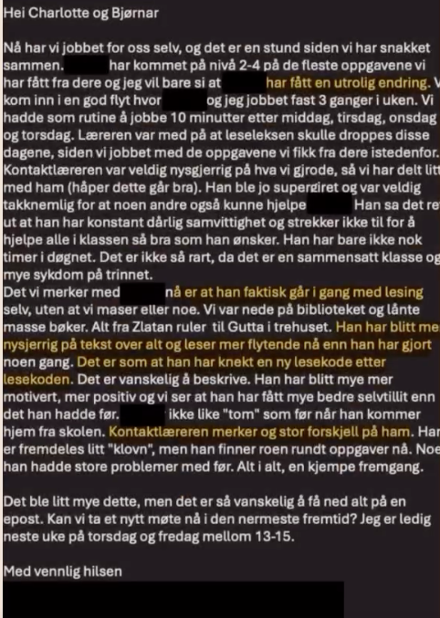 Skjermbilde av e-post fra forelder som beskriver «en utrolig forandring»: barnet har knekt en ny lesekode, og læreren ser stor forskjell.
